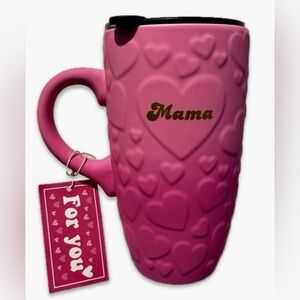 Mama Soft touch ceramic tumbler with hearts, lid, pink ombré color
